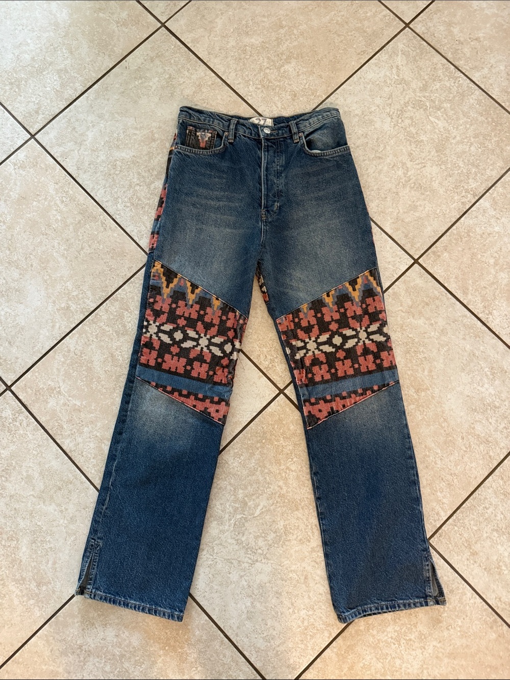 Free People Dark Blue Straight Leg Jeans with Multicolor Aztec Panels